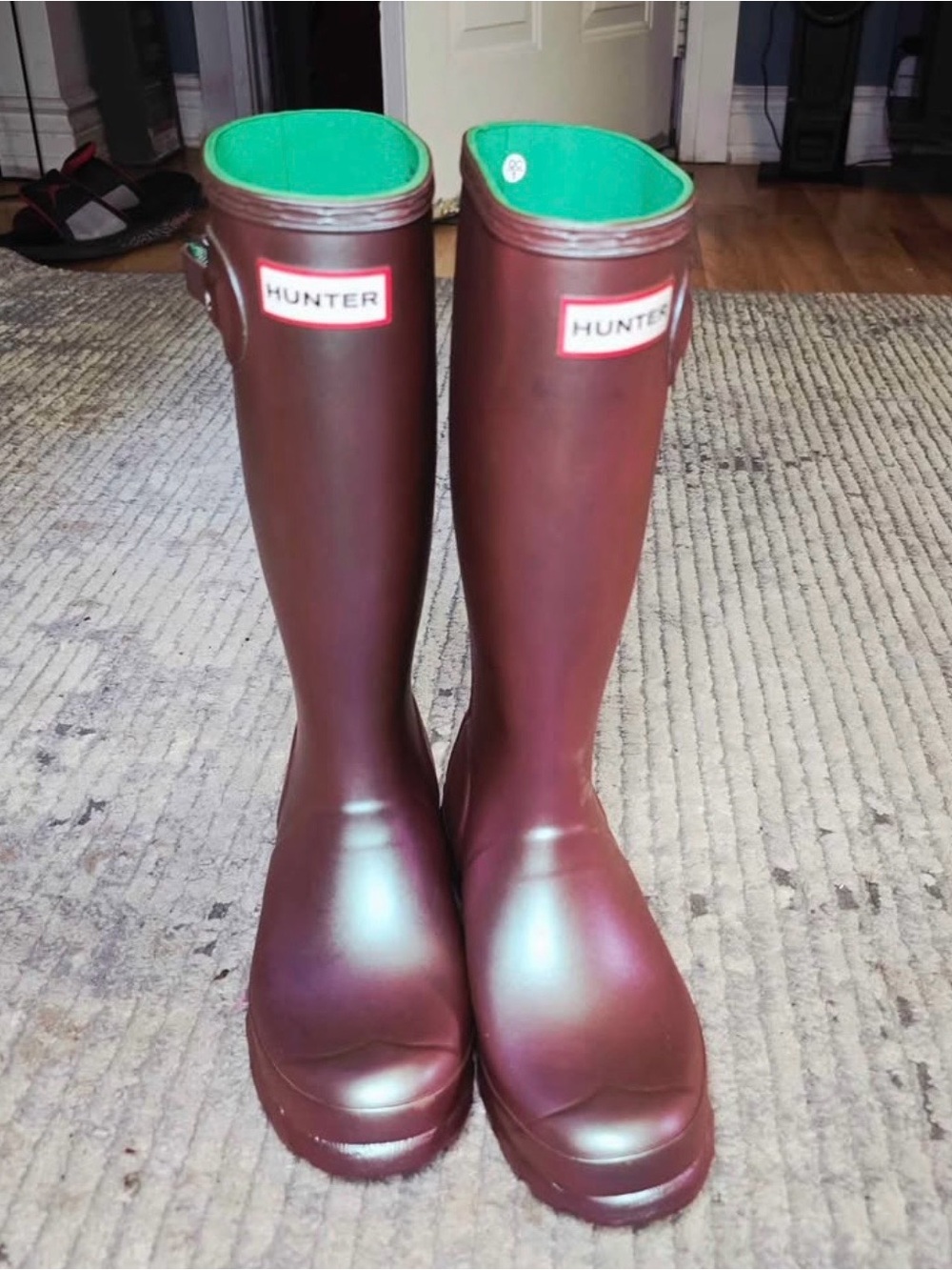 Hunter Burgundy Rain Boots with Green Lining